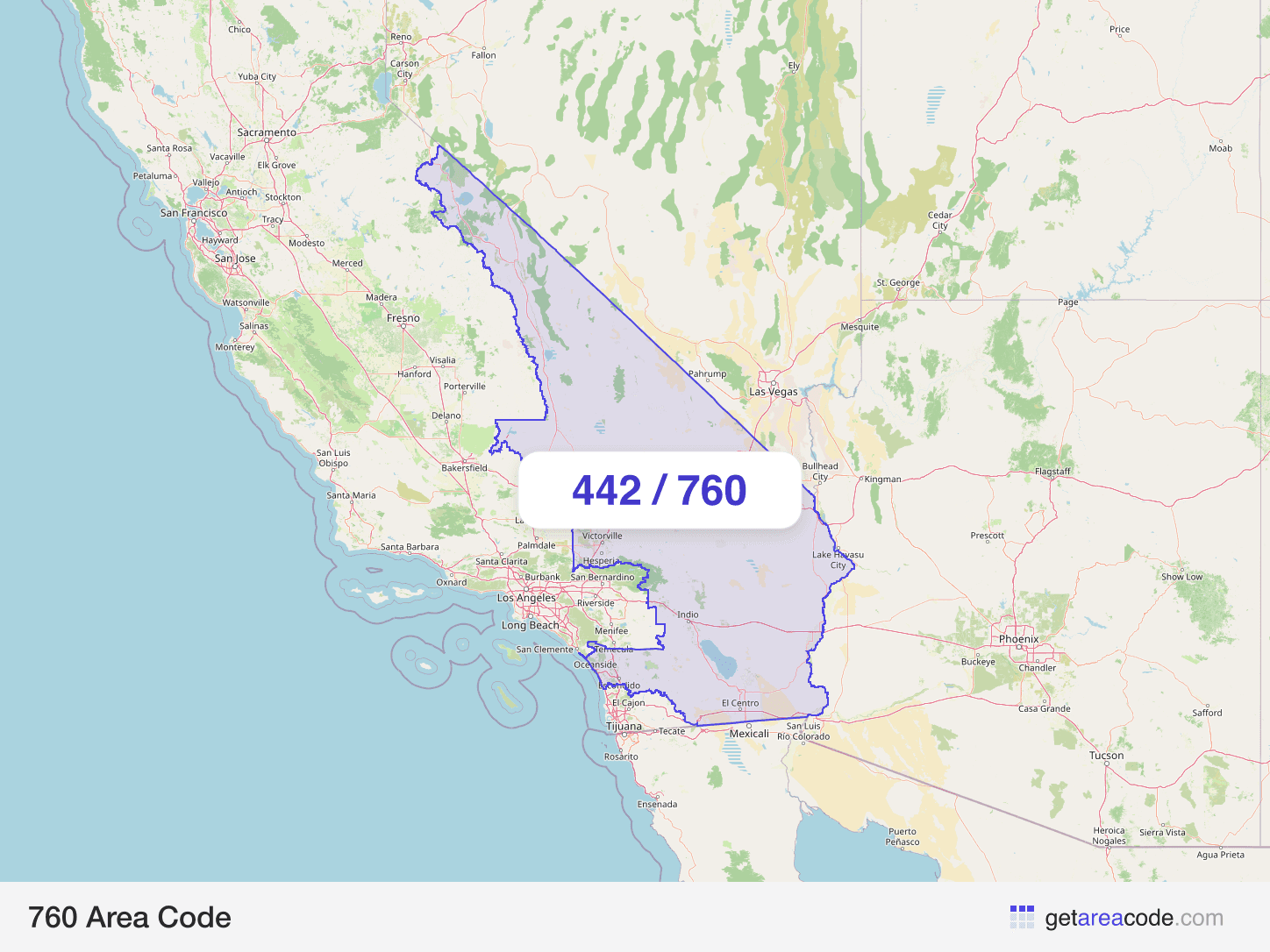 Map of the 760 area code service region around Oceanside, CA