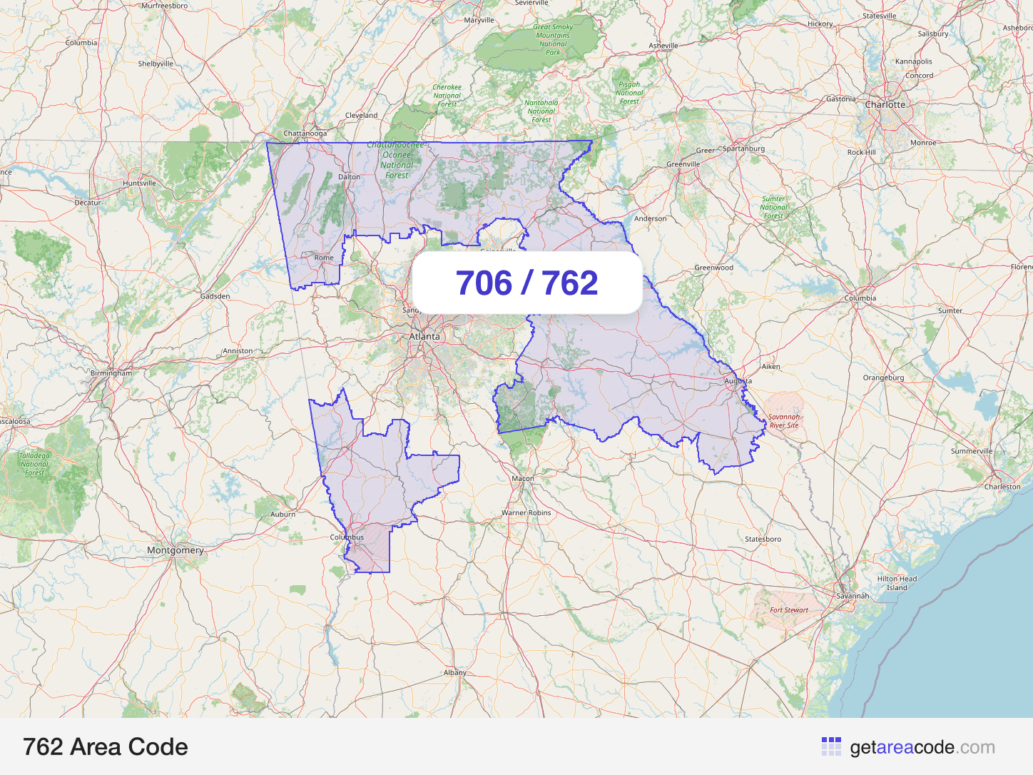 Map of the 762 area code service region around Augusta, GA