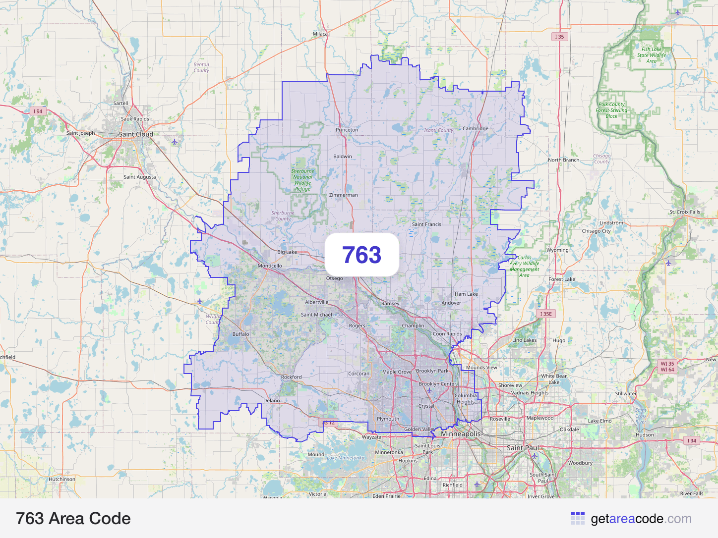 Map of the 763 area code service region around Brooklyn Park, MN