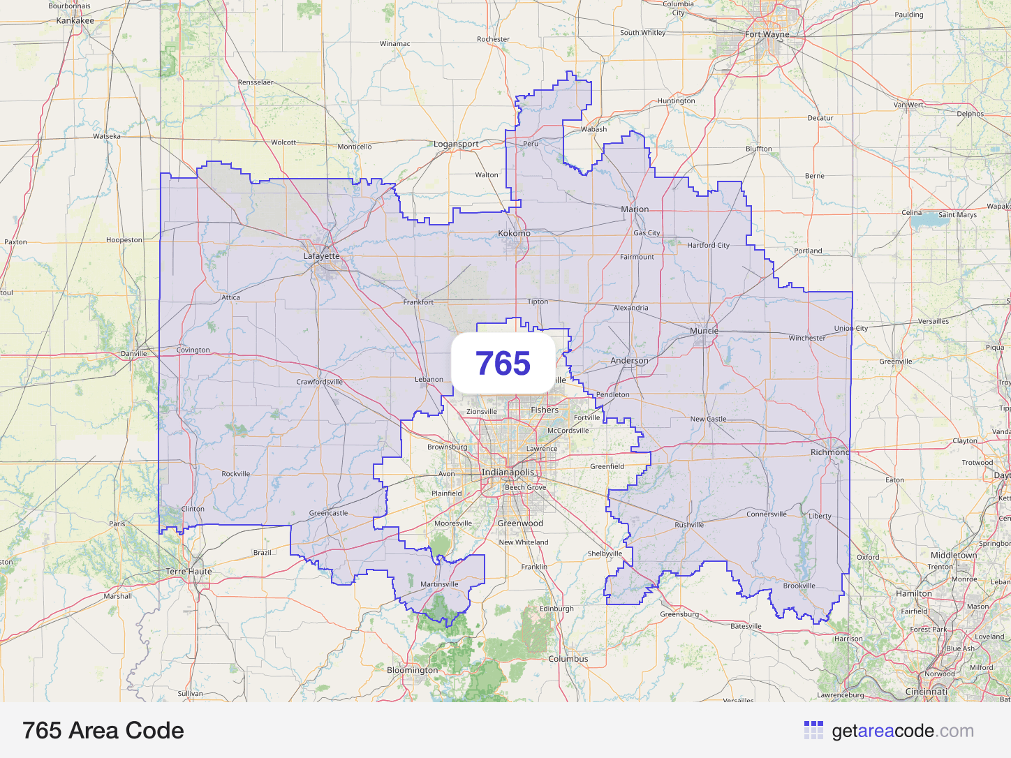 Map of the 765 area code service region around Muncie, IN