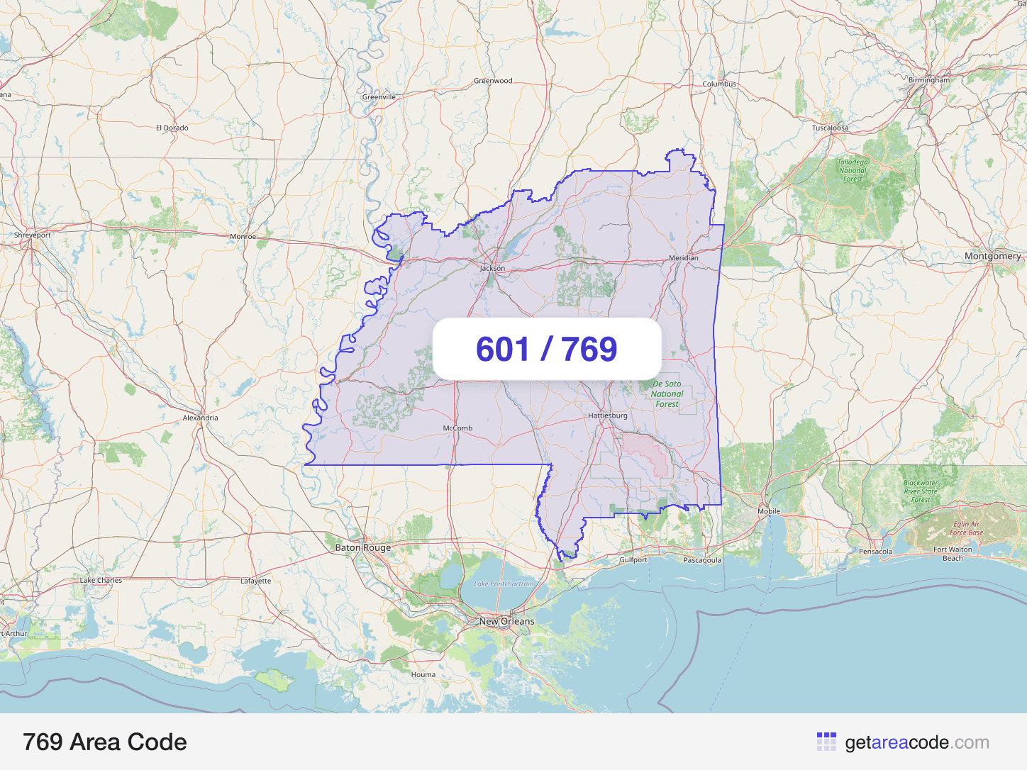 Map of the 769 area code service region around Jackson, MS