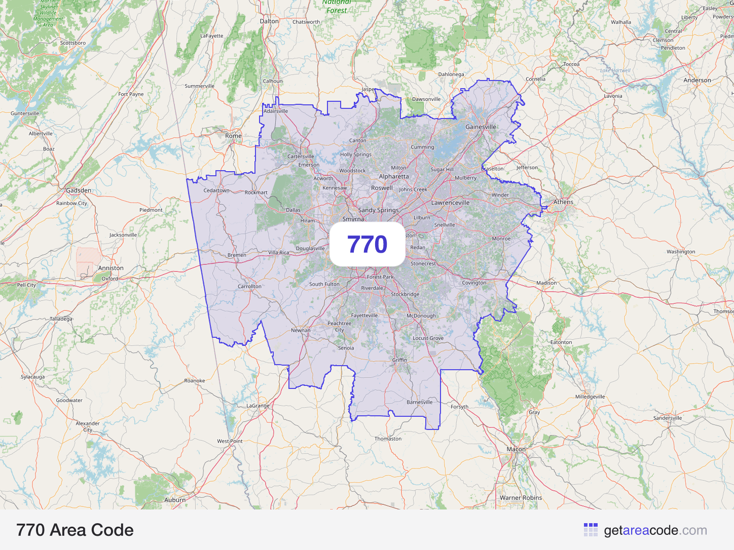 Map of the 770 area code service region around Roswell, GA