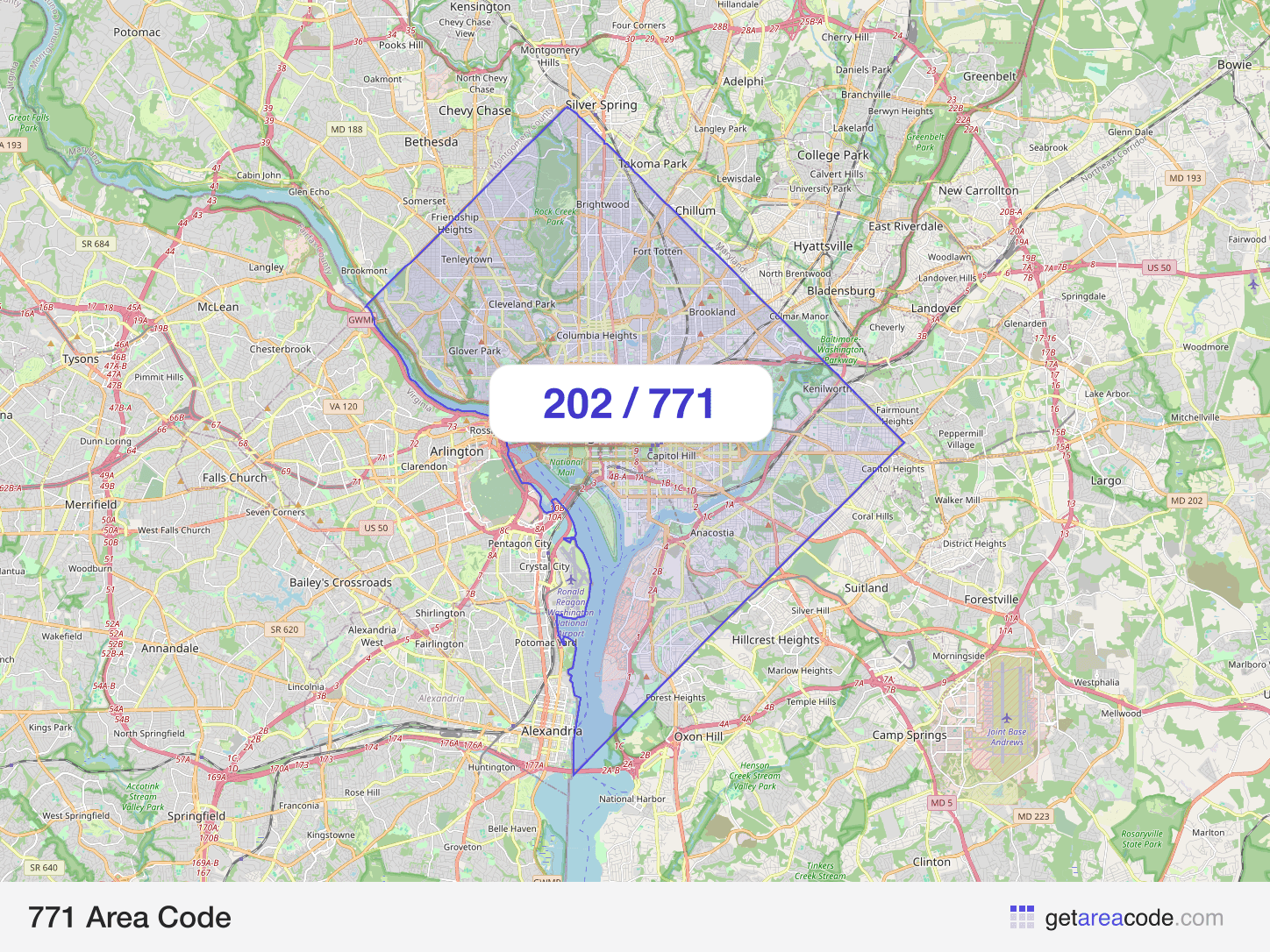 Map of the 771 area code service region around Washington, DC