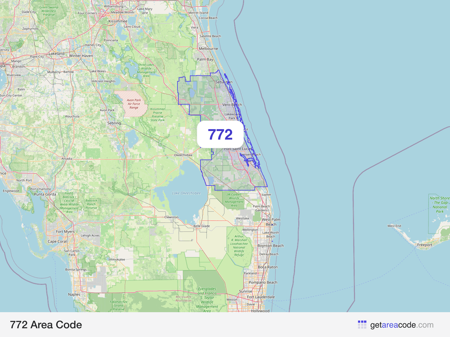 Map of the 772 area code service region around Port St. Lucie, FL