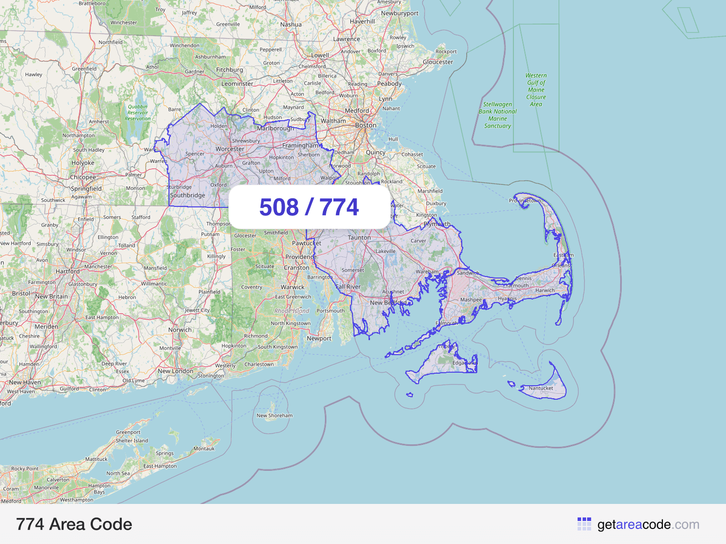Map of the 774 area code service region around Worcester, MA