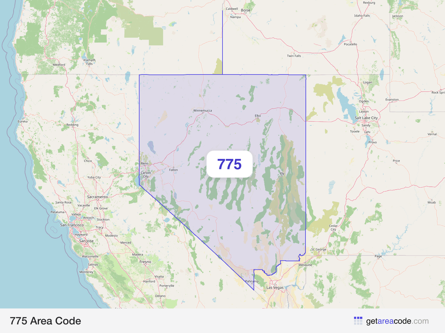Map of the 775 area code service region around Reno, NV