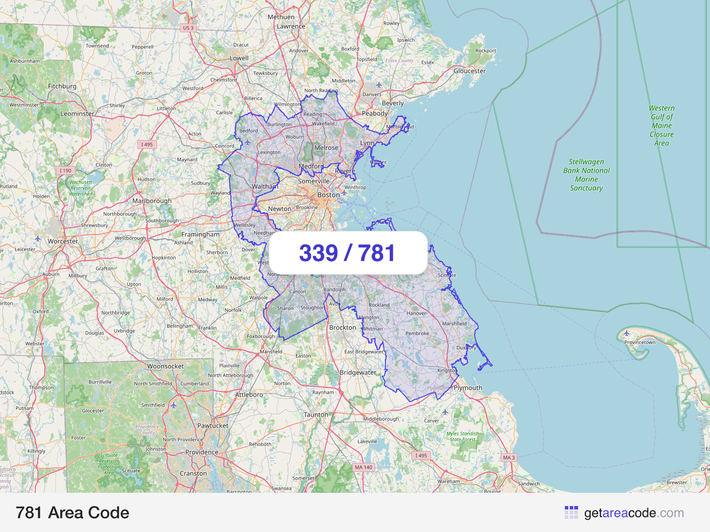 Map of the 781 area code service region around Boston, MA