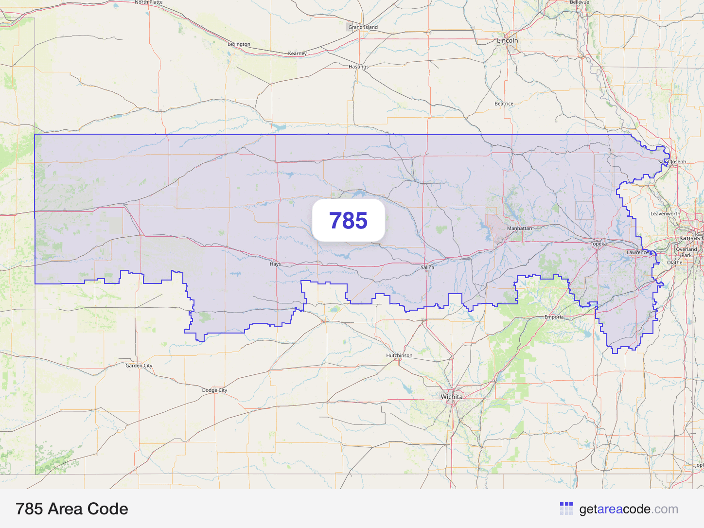 Map of the 785 area code service region around Topeka, KS