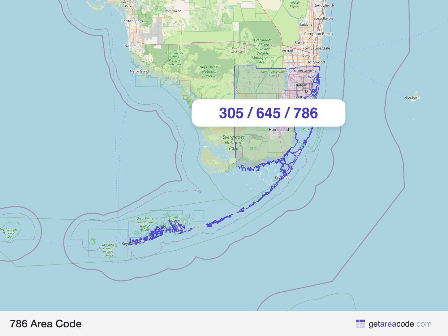 Map of the 786 area code service region around Miami, FL