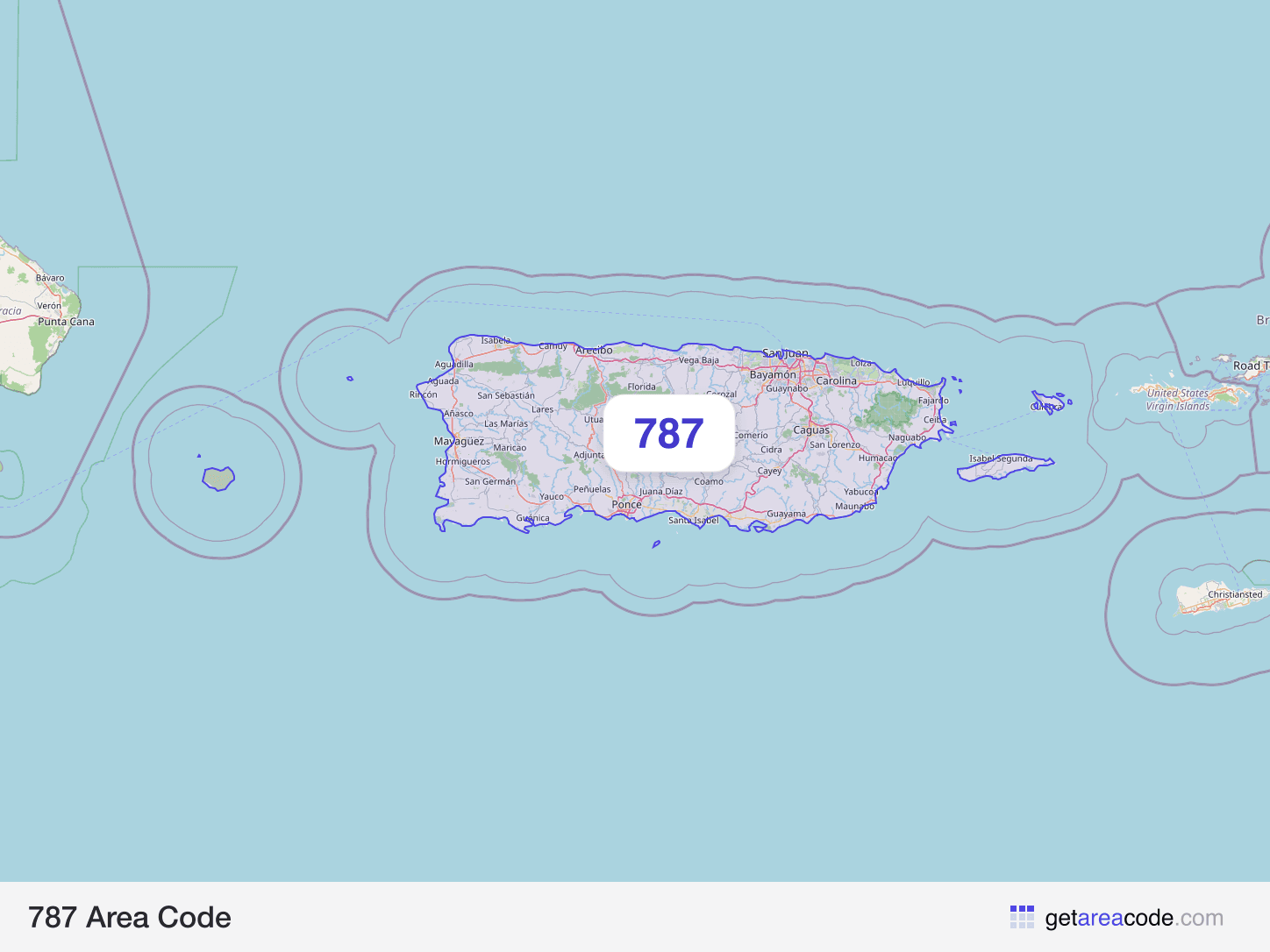 Map of the 787 area code service region around San Juan, PR
