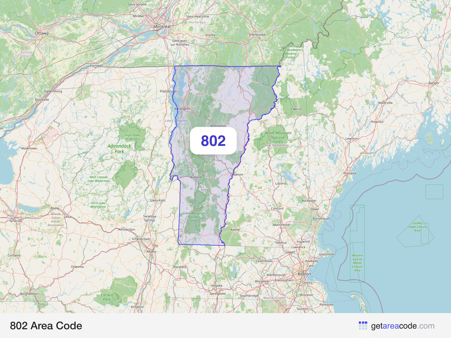 Map of the 802 area code service region around Burlington, VT