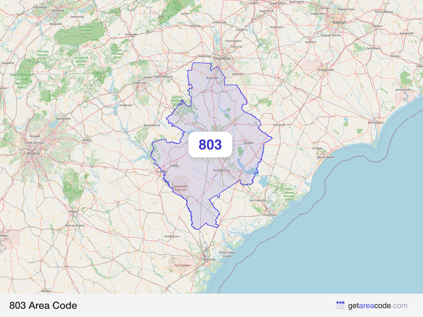 Map of the 803 area code service region around Columbia, SC