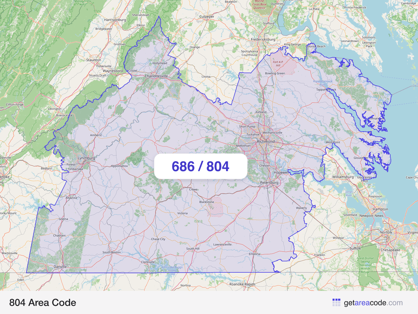 Map of the 804 area code service region around Richmond, VA