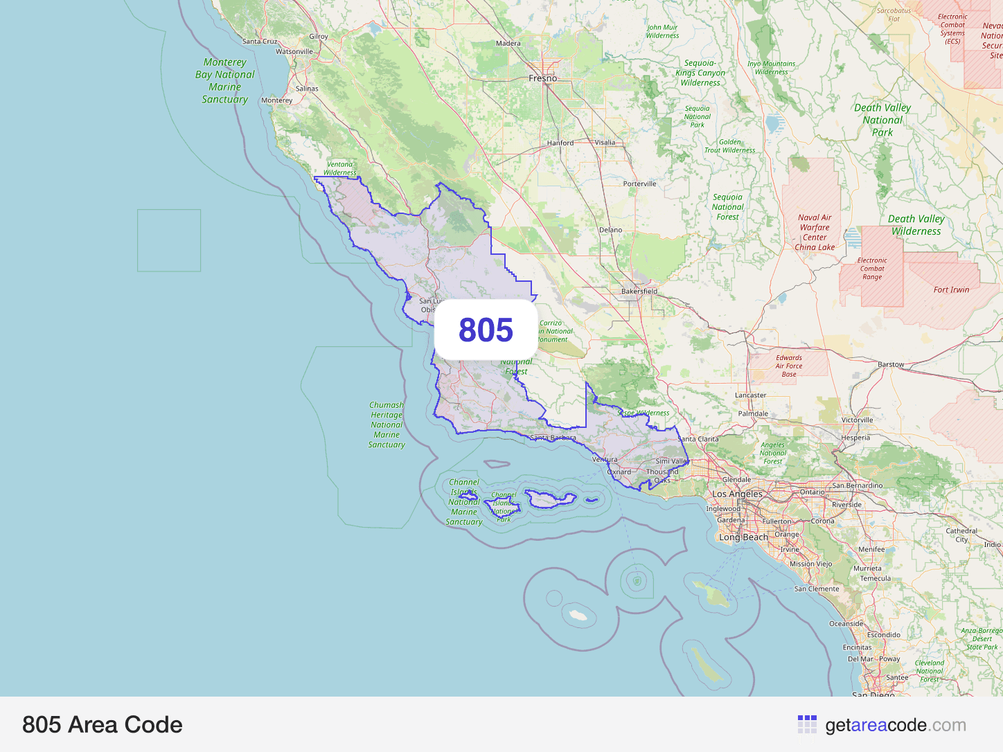 Map of the 805 area code service region around Oxnard, CA
