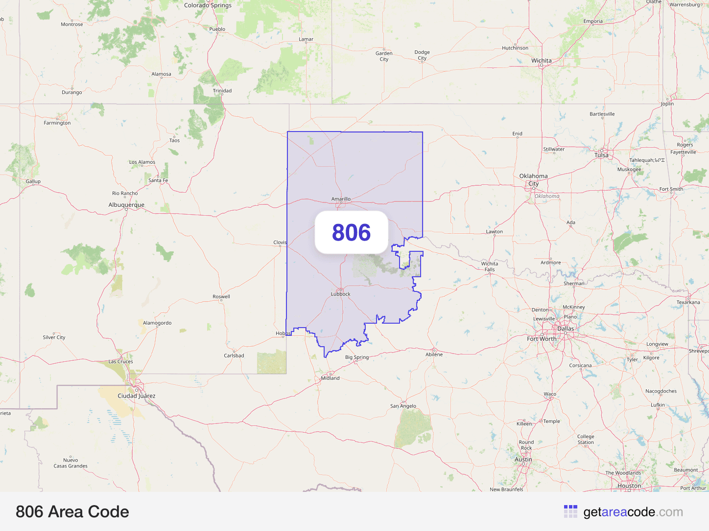 Map of the 806 area code service region around Lubbock, TX