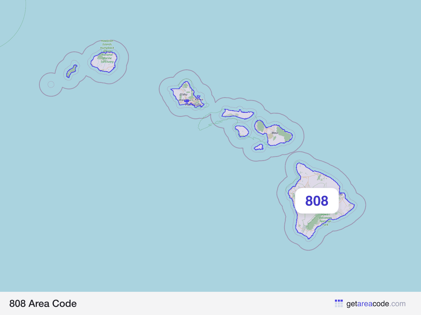 Map of the 808 area code service region around Urban Honolulu, HI