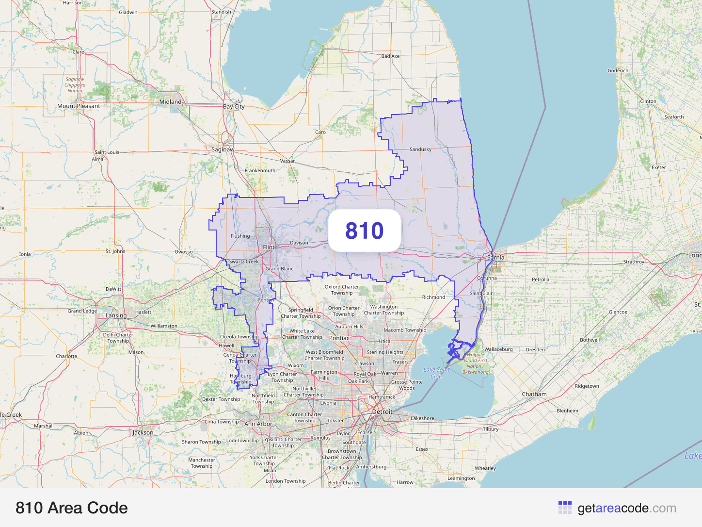 Map of the 810 area code service region around Flint, MI