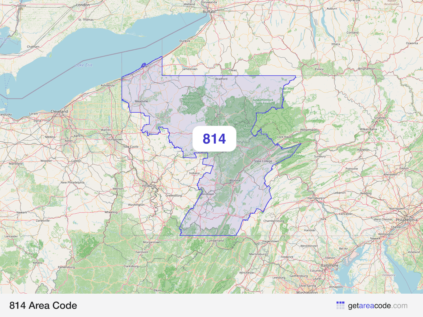 Map of the 814 area code service region around Erie, PA