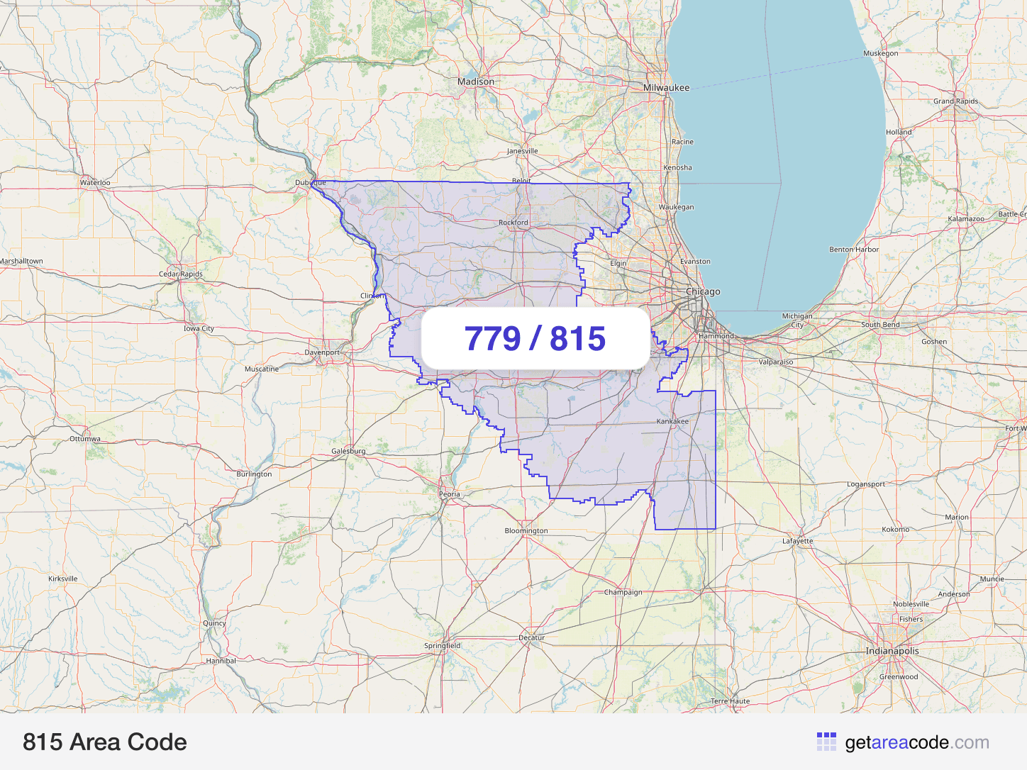 Map of the 815 area code service region around Rockford, IL