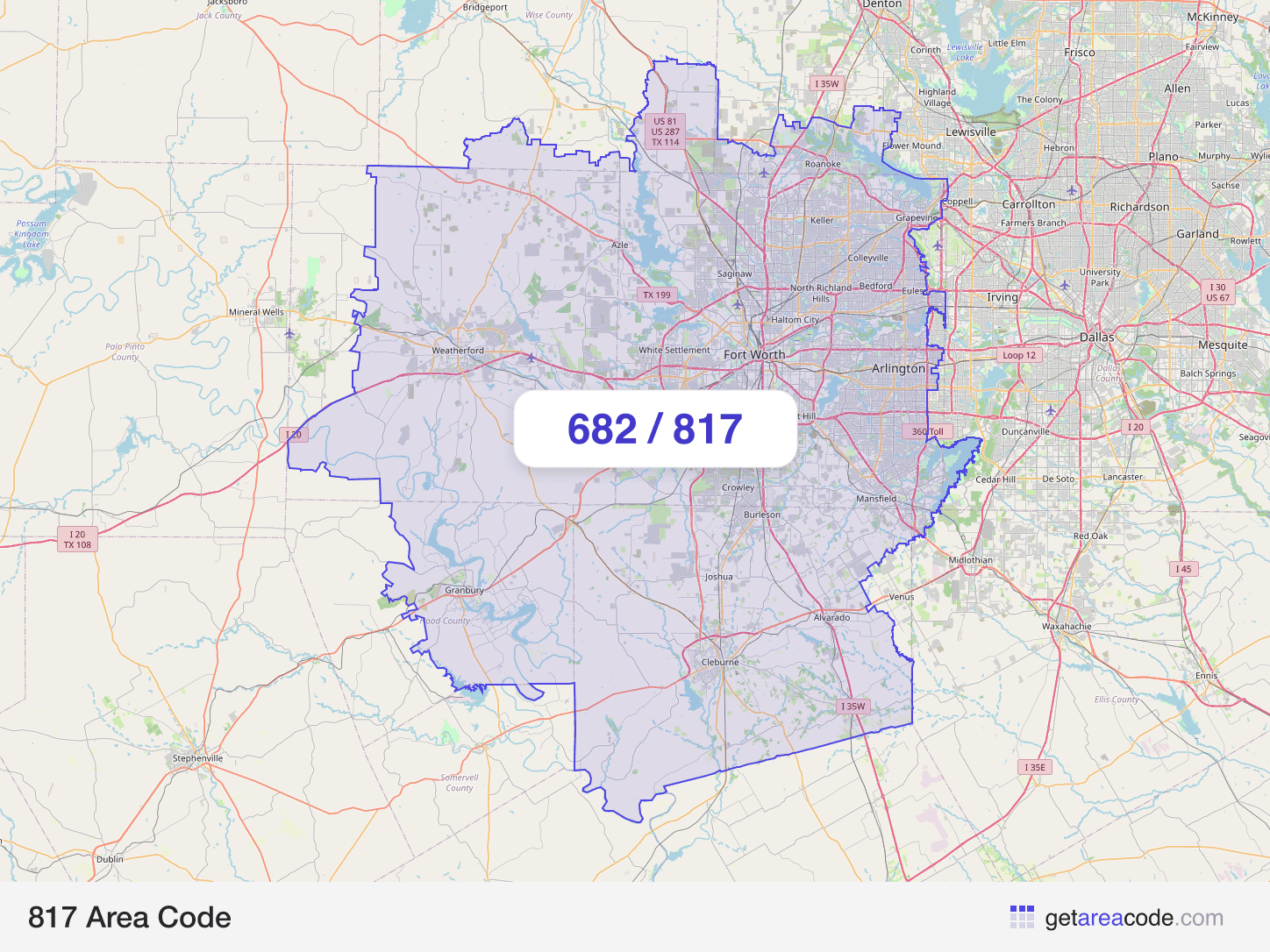 Map of the 817 area code service region around Fort Worth, TX
