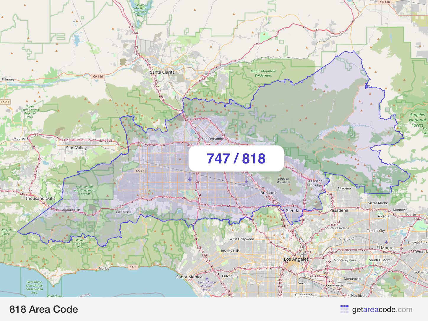 Map of the 818 area code service region around Los Angeles, CA
