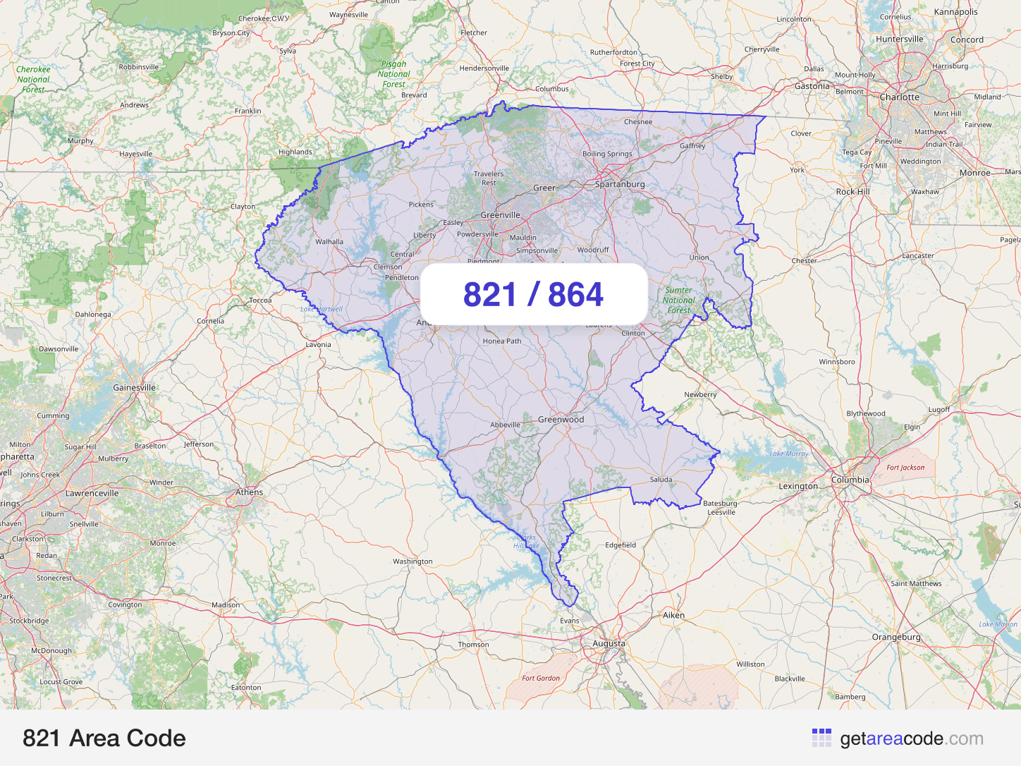 Map of the 821 area code service region around Greenville, SC