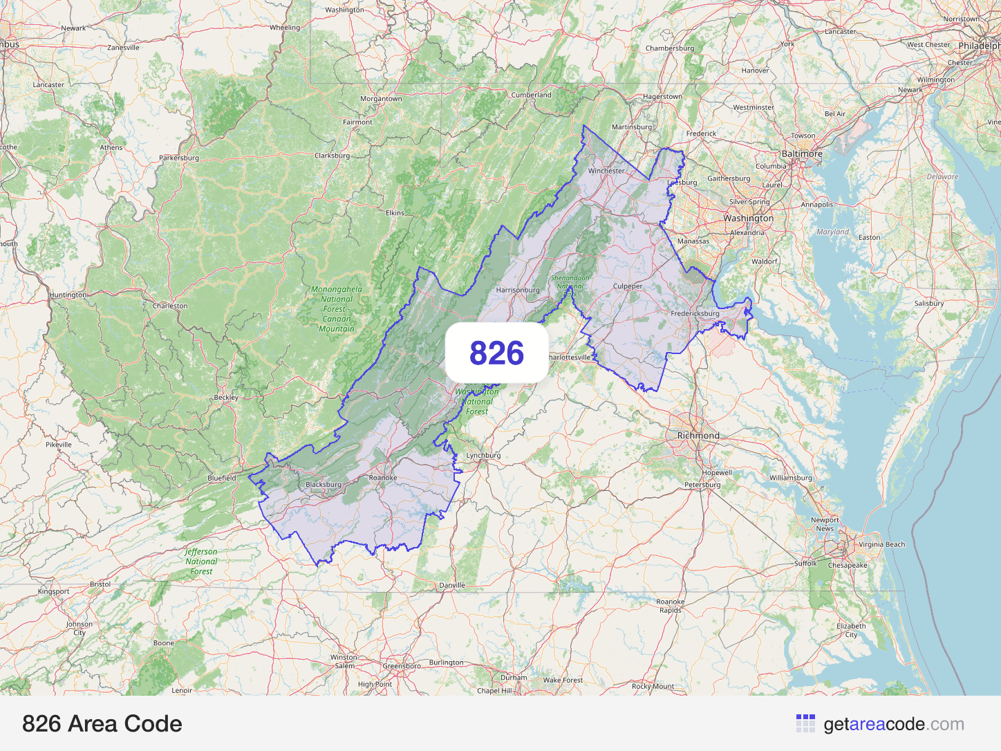 Map of the 826 area code service region around Roanoke, VA