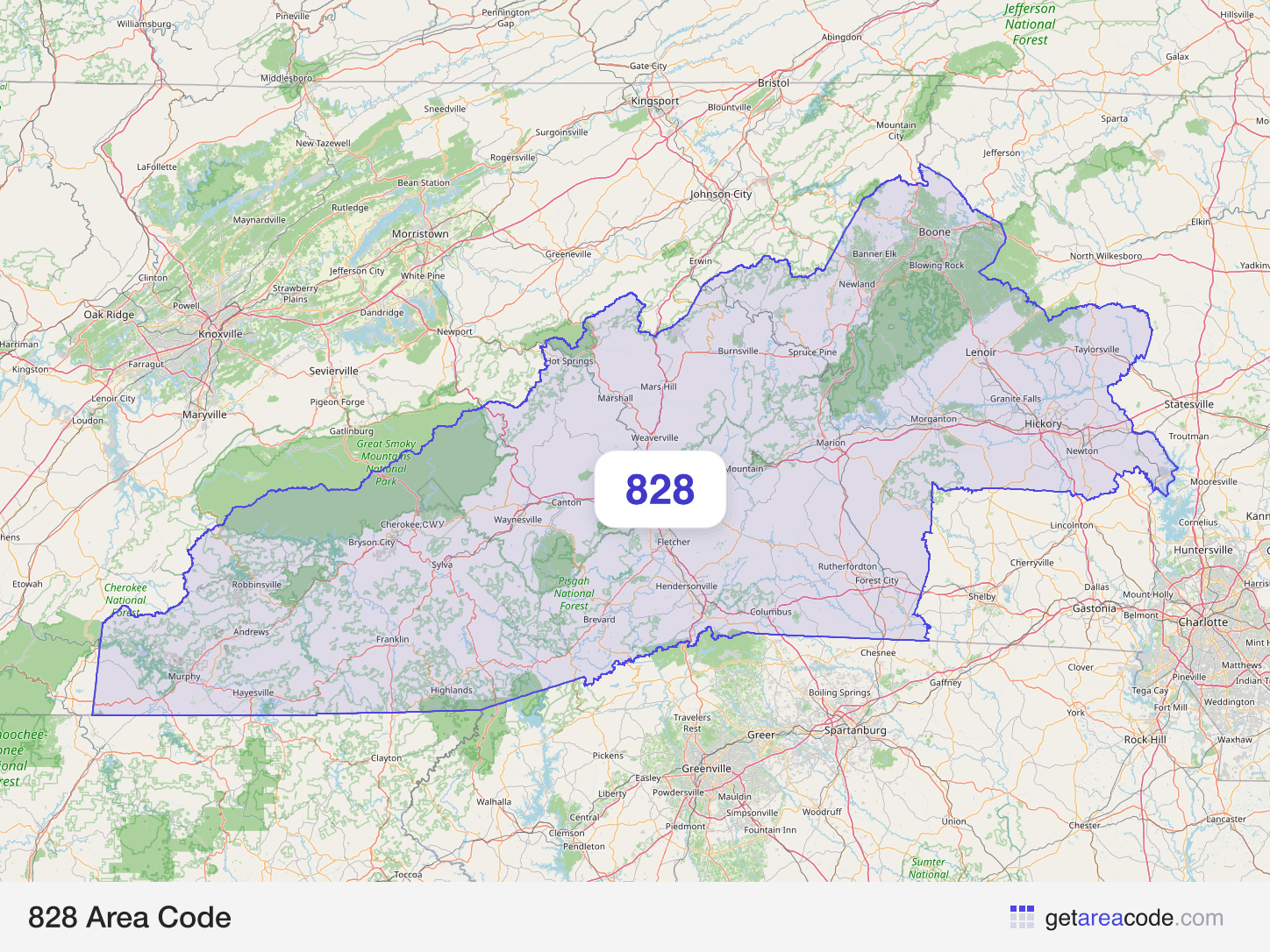 Map of the 828 area code service region around Asheville, NC