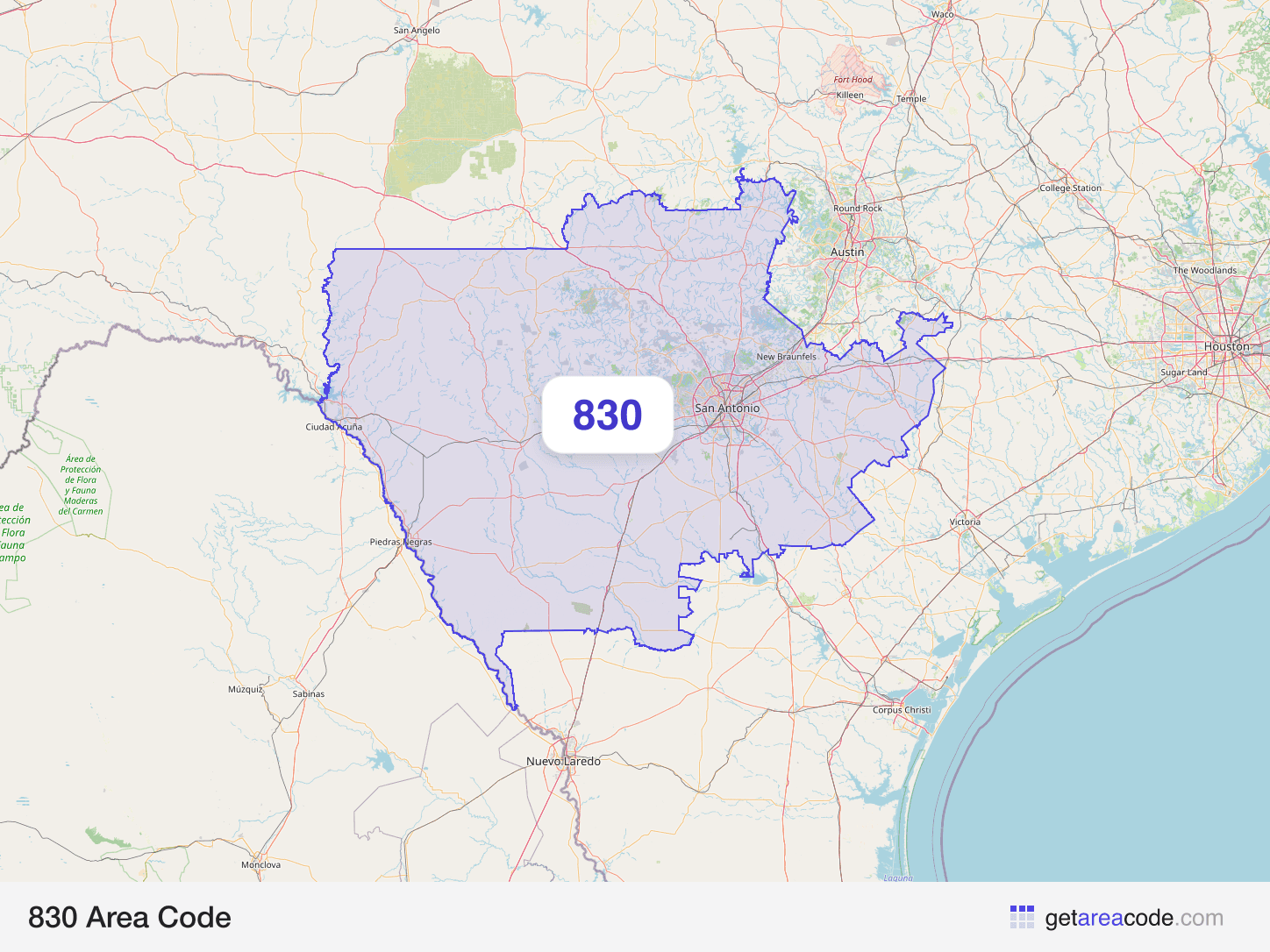 Map of the 830 area code service region around New Braunfels, TX