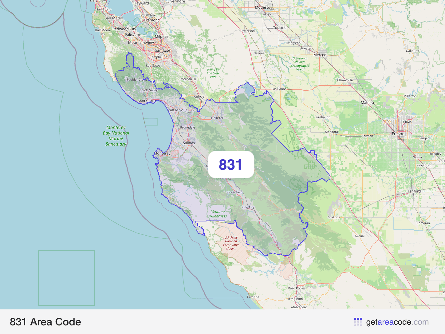Map of the 831 area code service region around Salinas, CA