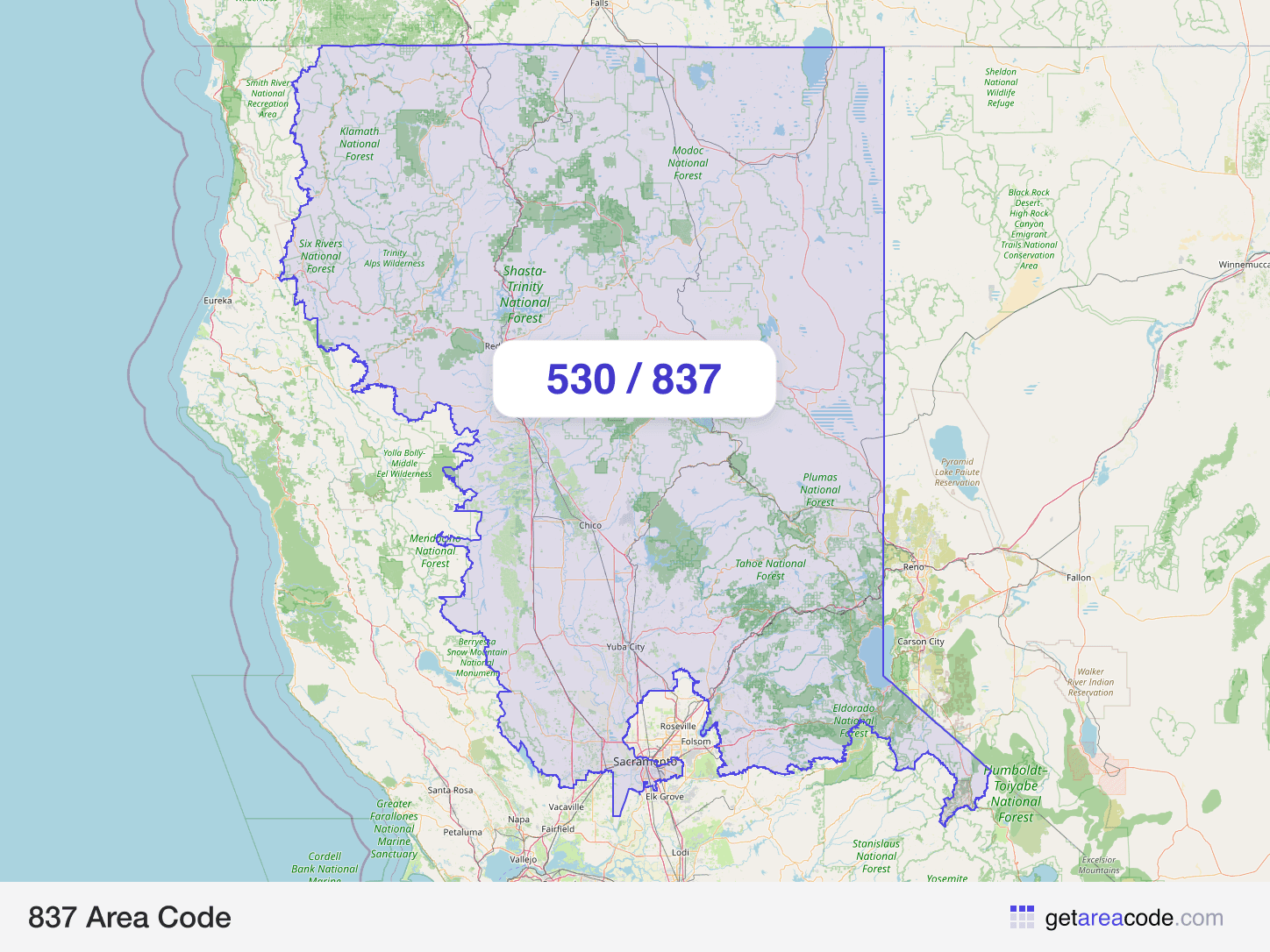 Map of the 837 area code service region around Redding, CA