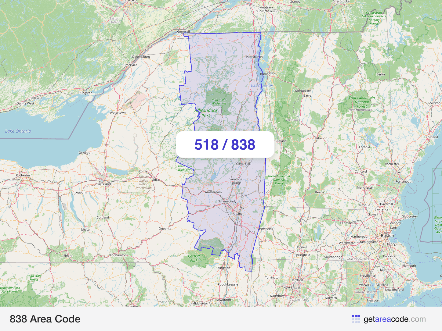 Map of the 838 area code service region around Albany, NY