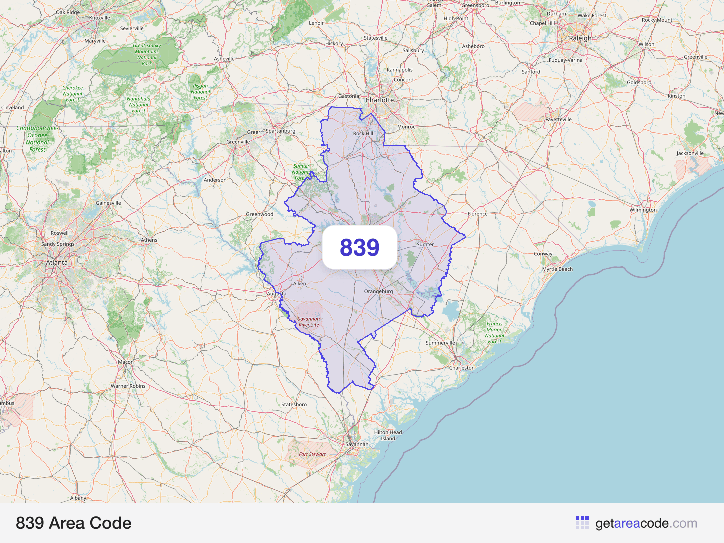 Map of the 839 area code service region around Columbia, SC