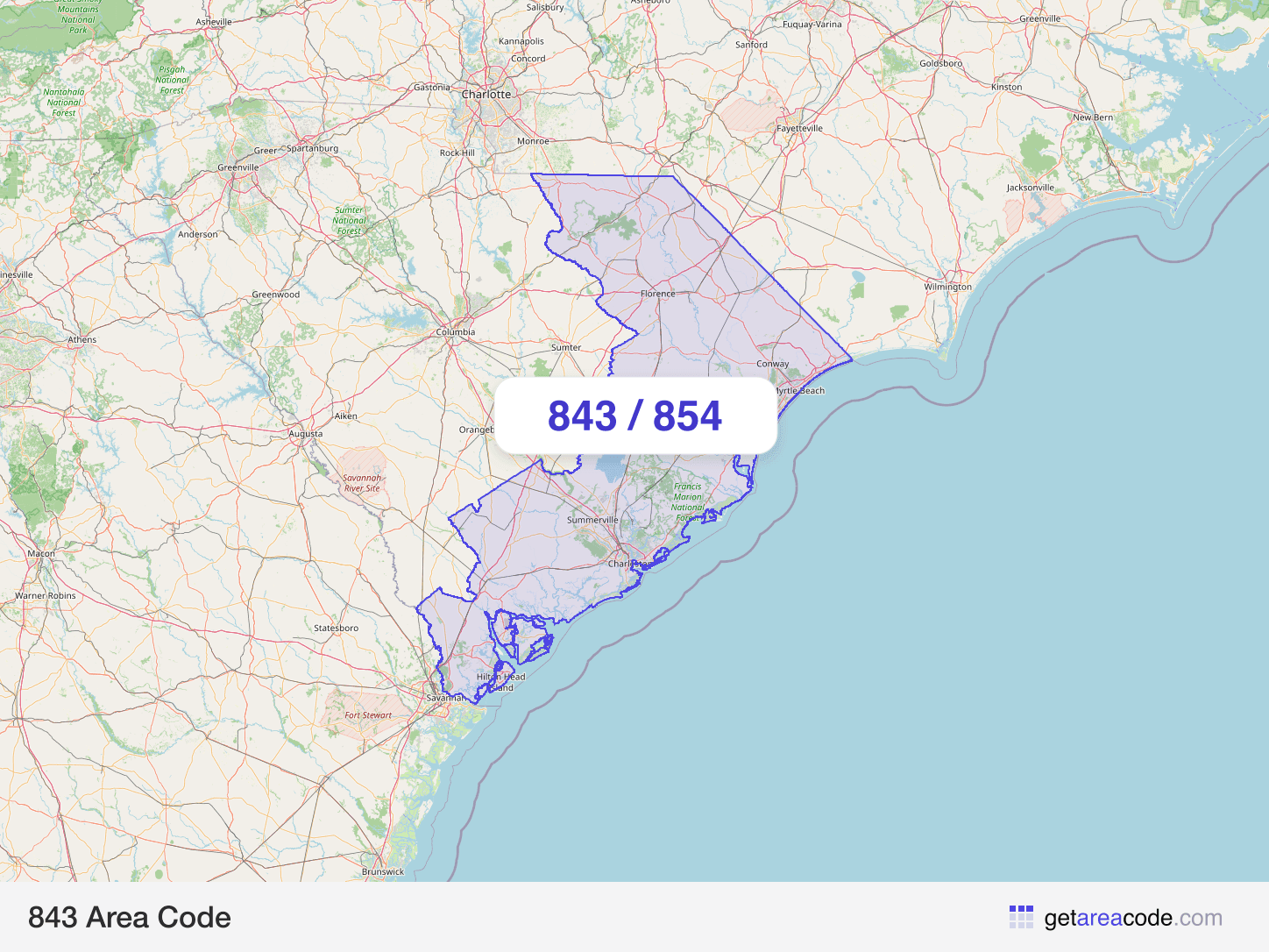 Map of the 843 area code service region around Charleston, SC