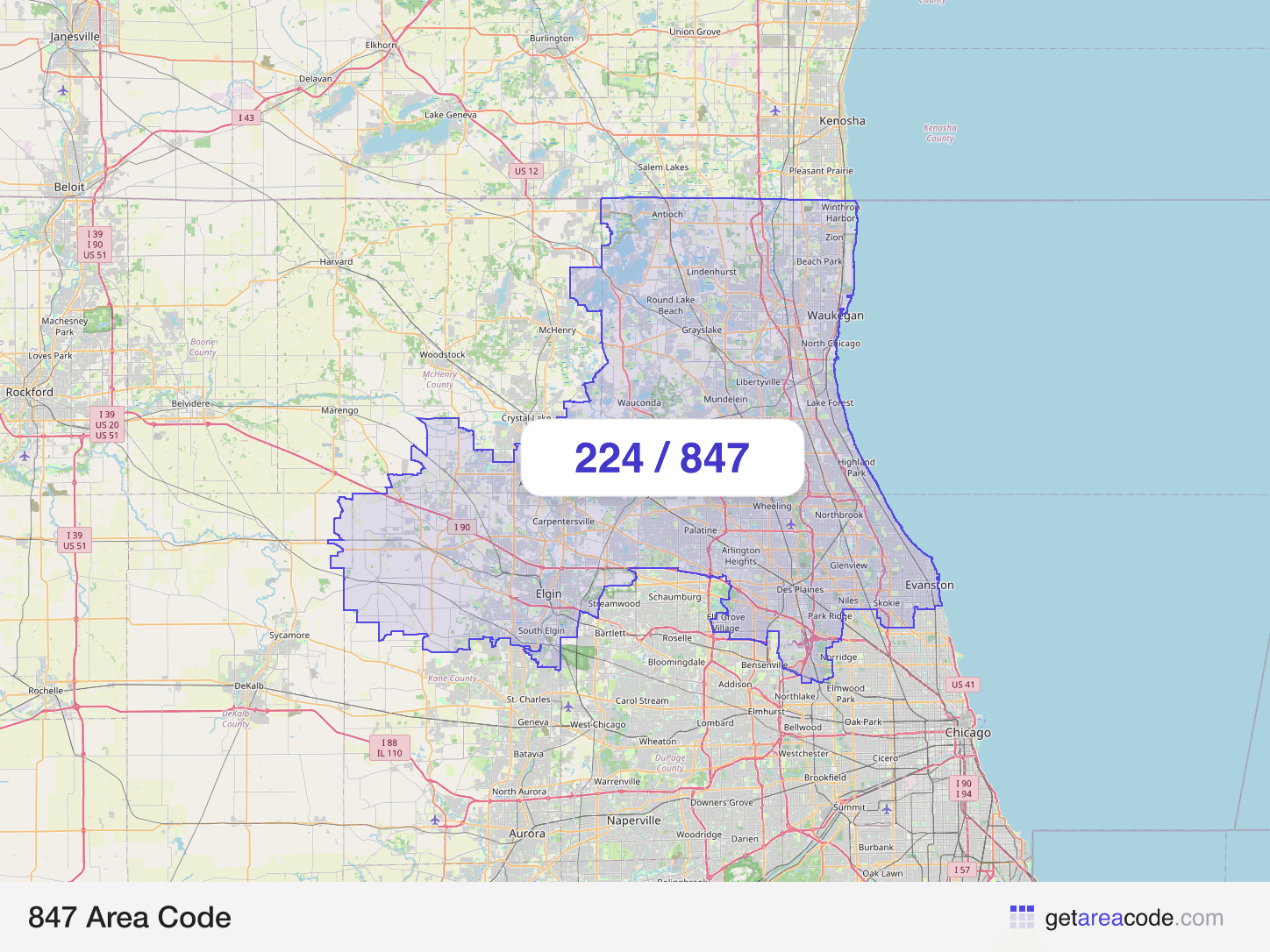 Map of the 847 area code service region around Elgin, IL