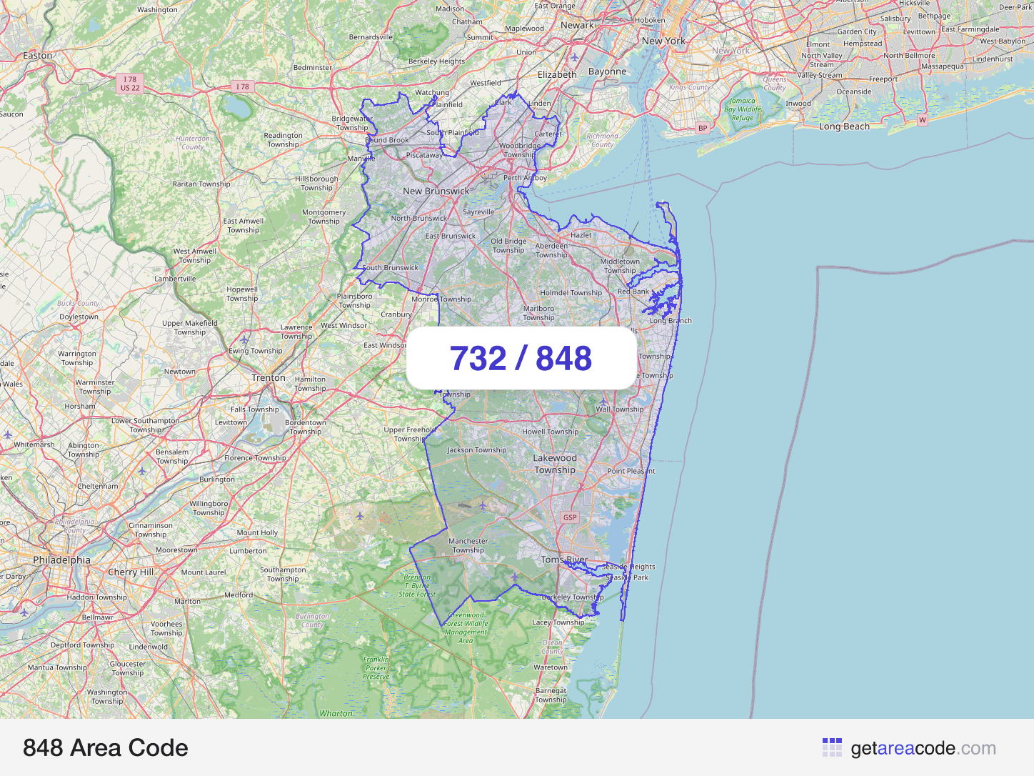 Map of the 848 area code service region around Toms River, NJ