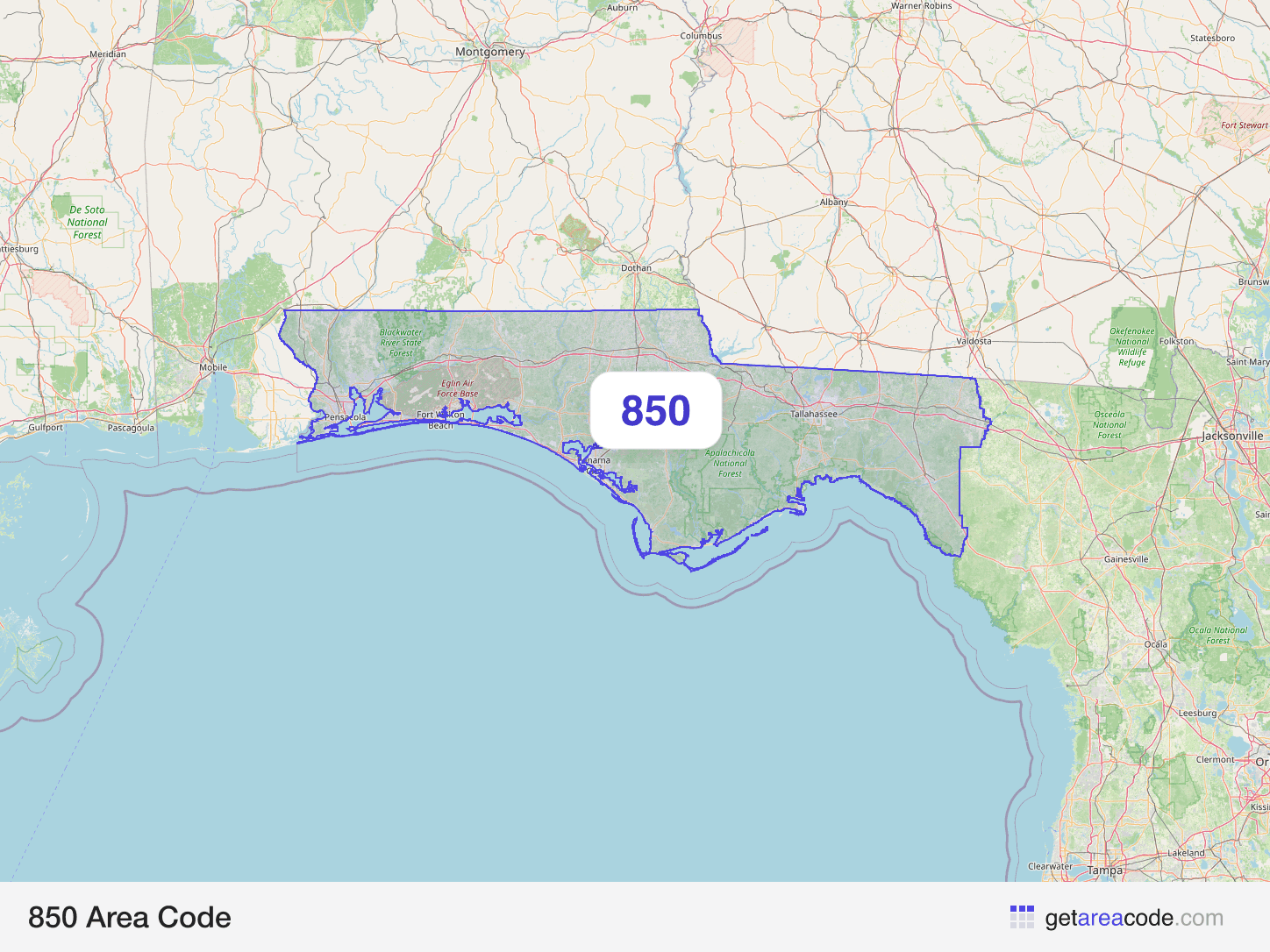 Map of the 850 area code service region around Tallahassee, FL