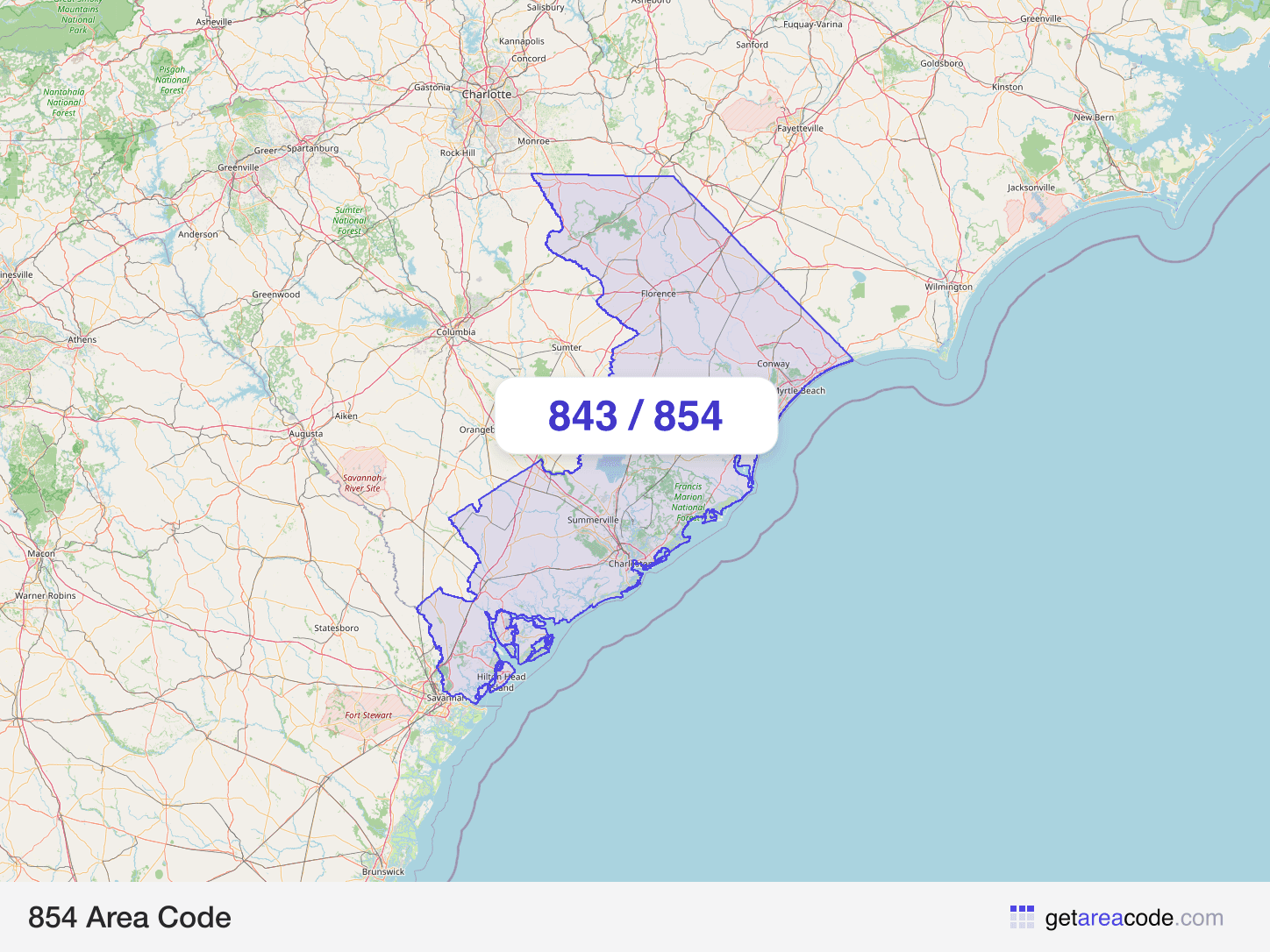 Map of the 854 area code service region around Charleston, SC