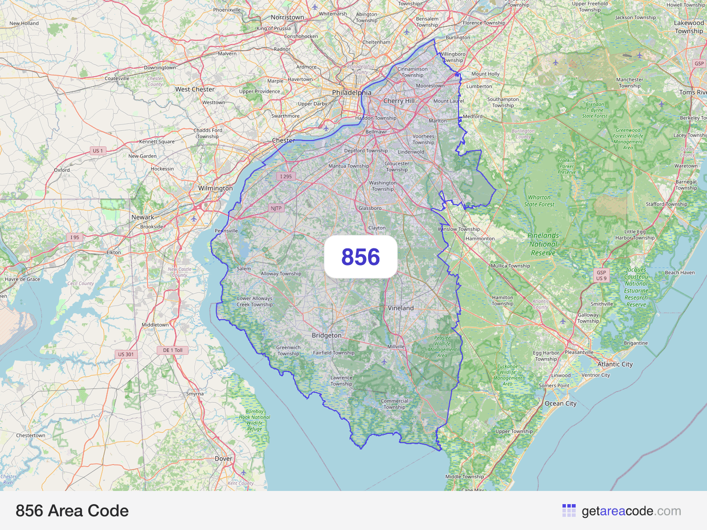 Map of the 856 area code service region around Camden, NJ