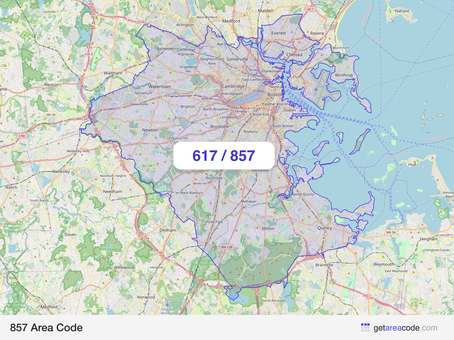 Map of the 857 area code service region around Boston, MA