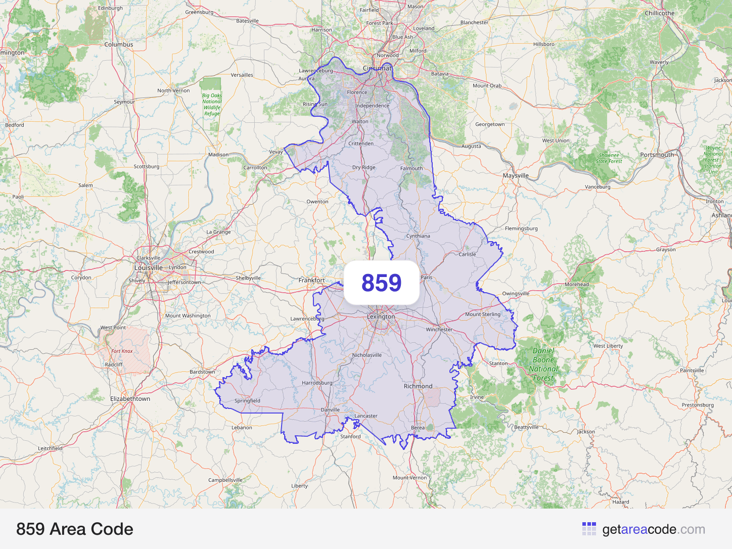 Map of the 859 area code service region around Lexington-Fayette, KY