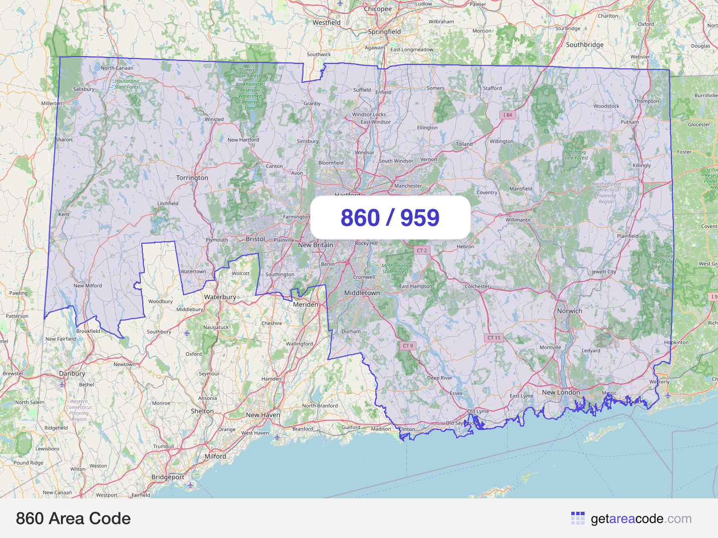Map of the 860 area code service region around Hartford, CT