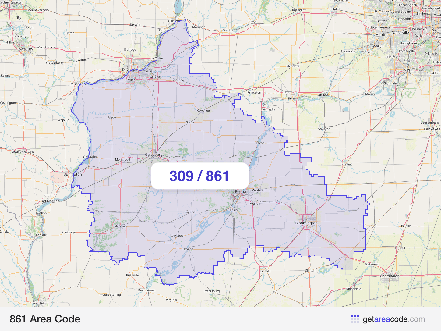 Map of the 861 area code service region around Peoria, IL