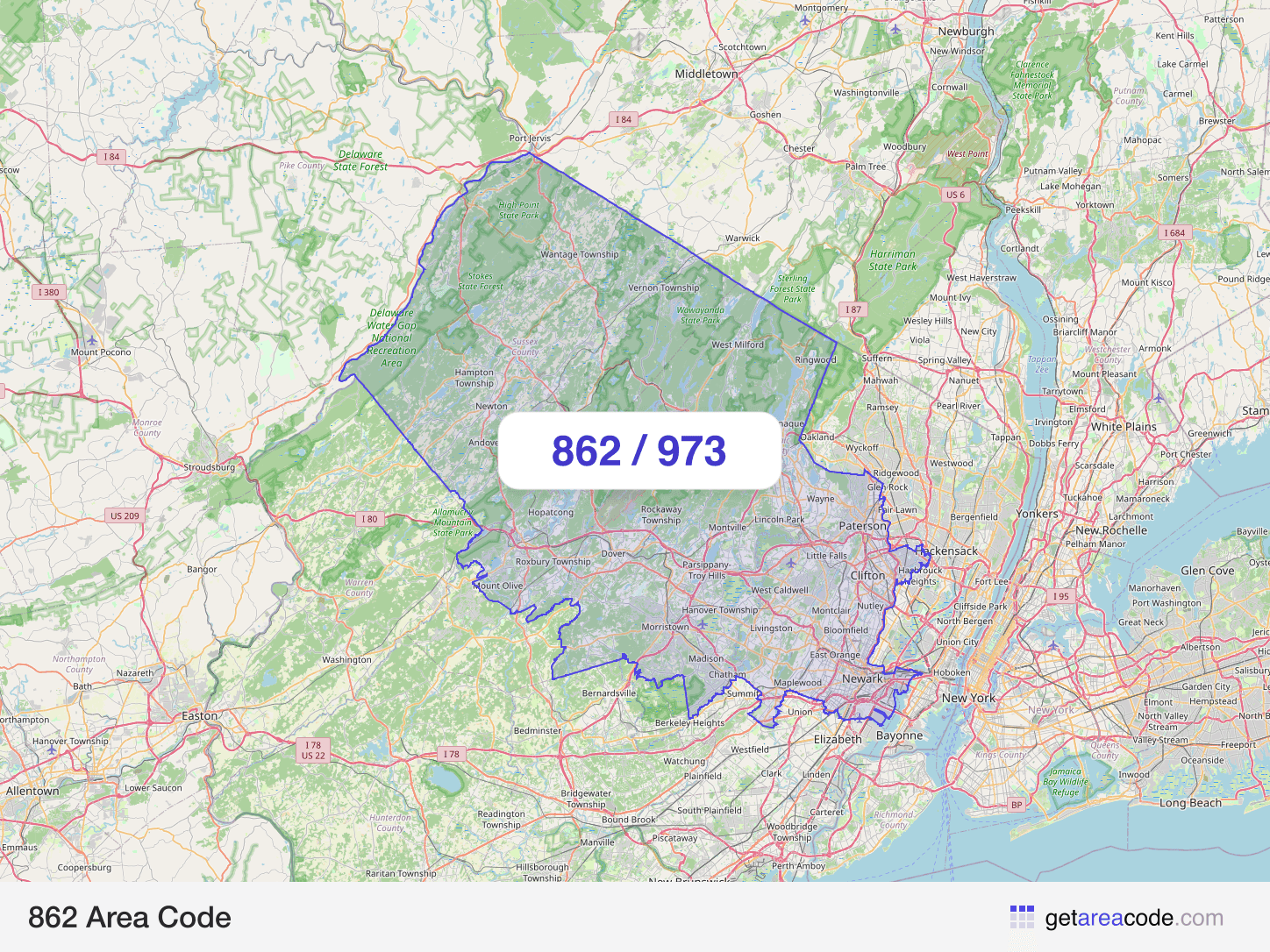 Map of the 862 area code service region around Newark, NJ