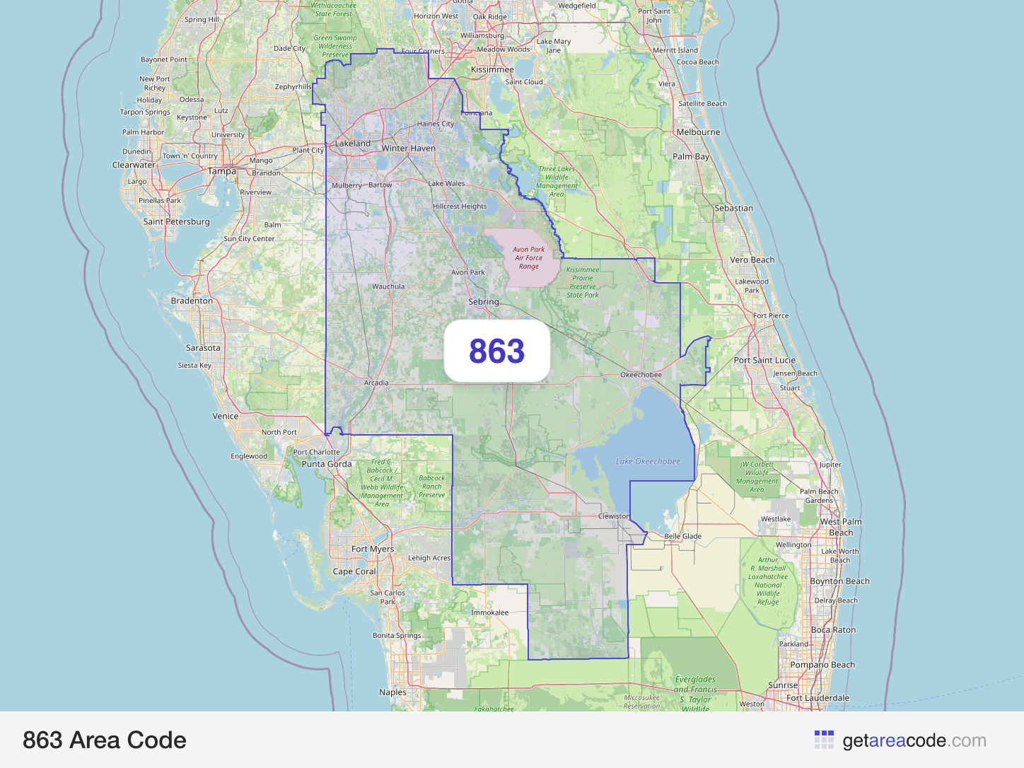 Map of the 863 area code service region around Lakeland, FL