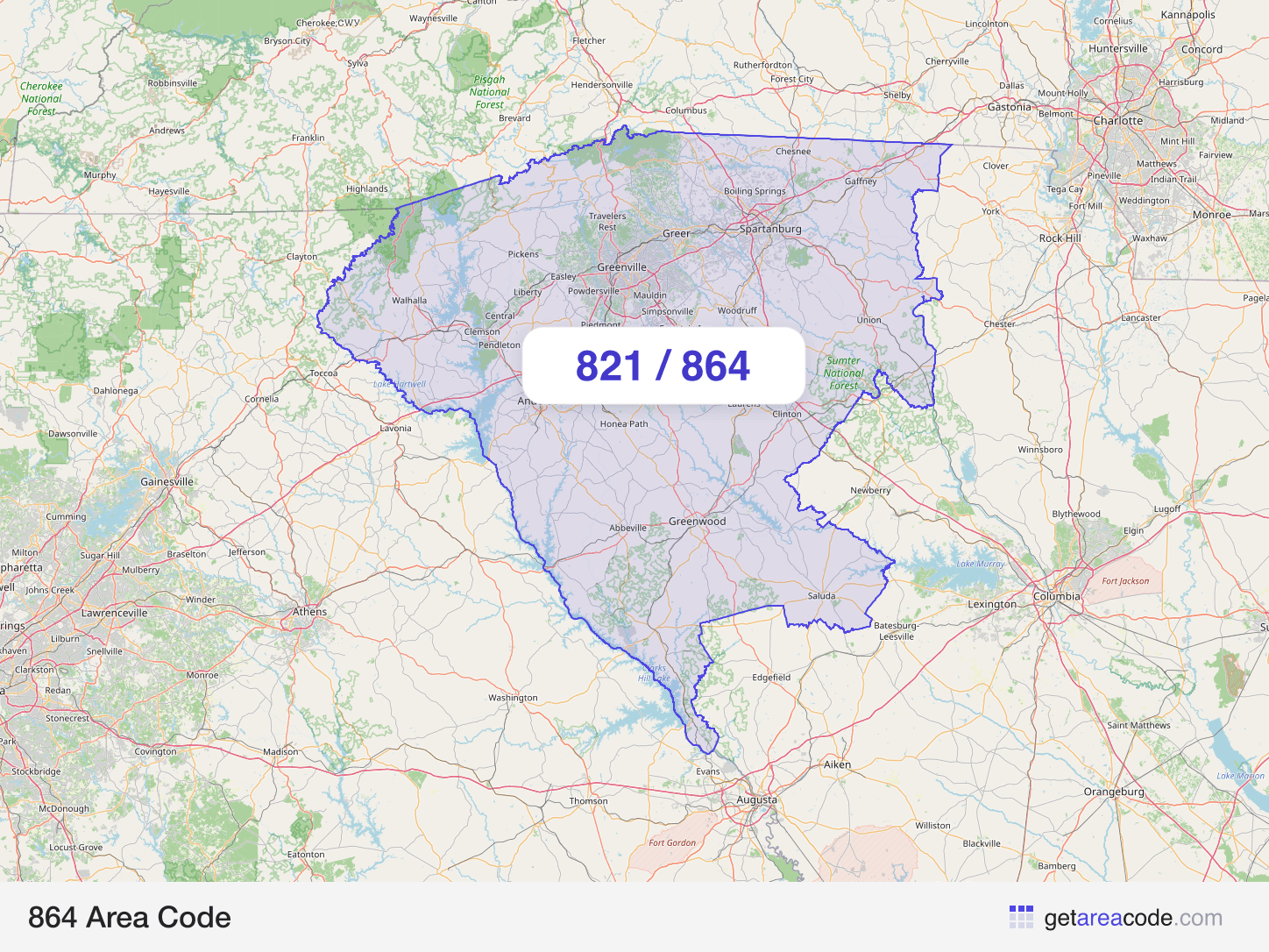 Map of the 864 area code service region around Greenville, SC