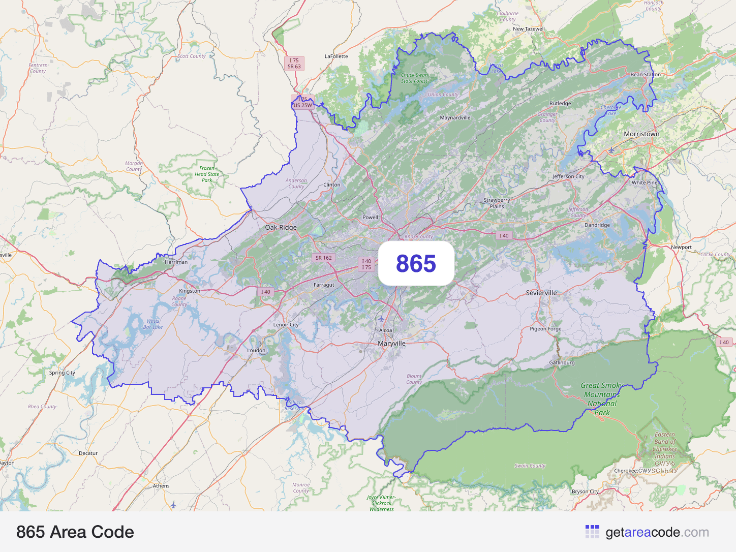 Map of the 865 area code service region around Knoxville, TN