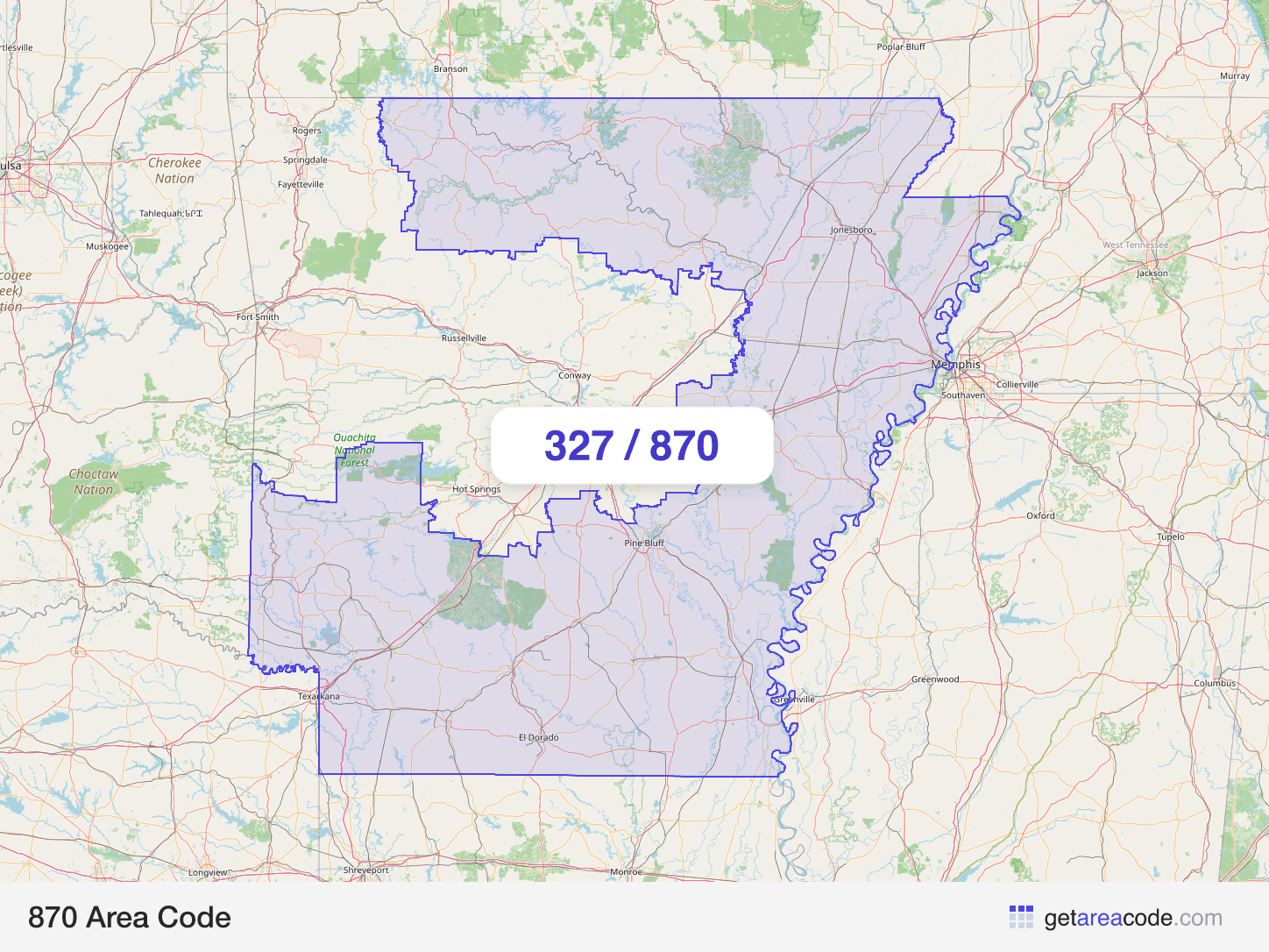 Map of the 870 area code service region around Jonesboro, AR