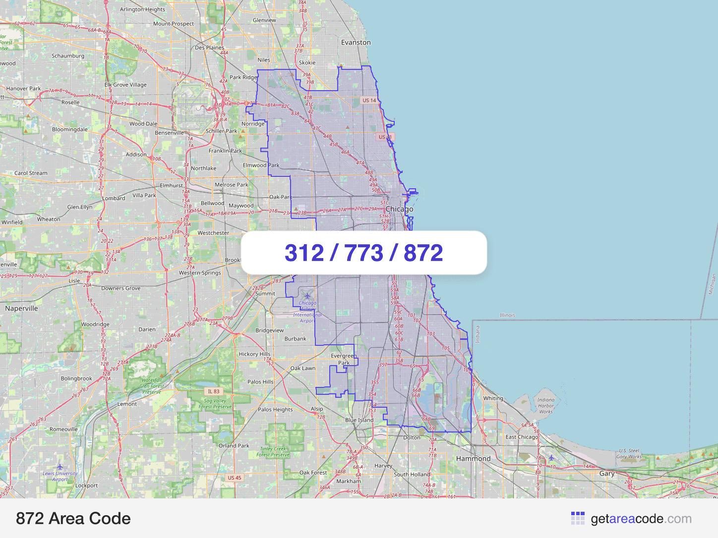 Map of the 872 area code service region around Chicago, IL