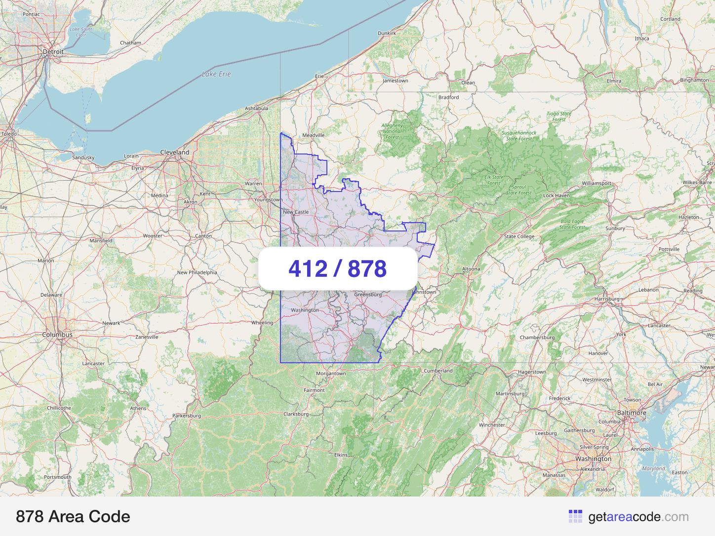Map of the 878 area code service region around Pittsburgh, PA